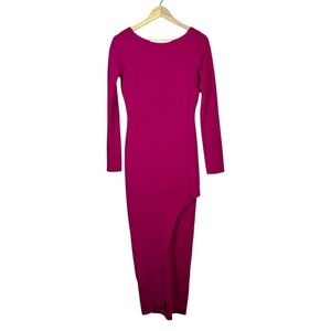 Lulus Solid Long Sleeve Maxi Dress Magenta Barbiecore Side Slit Size M